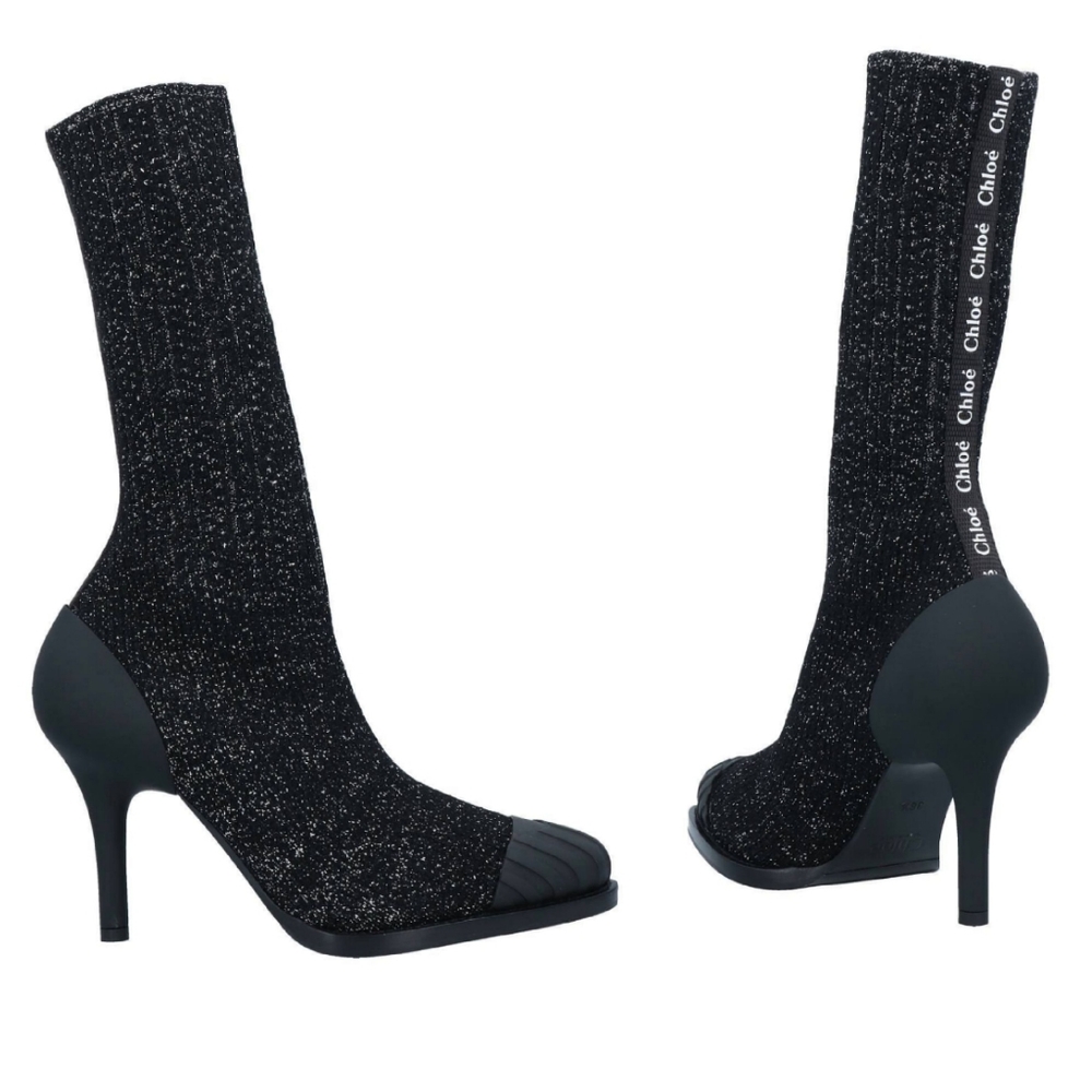 Chloe Lurex Knitted High Heel Elastic Sock Ankle Boots Size 36 Black Sil… - Picture 3 of 14
